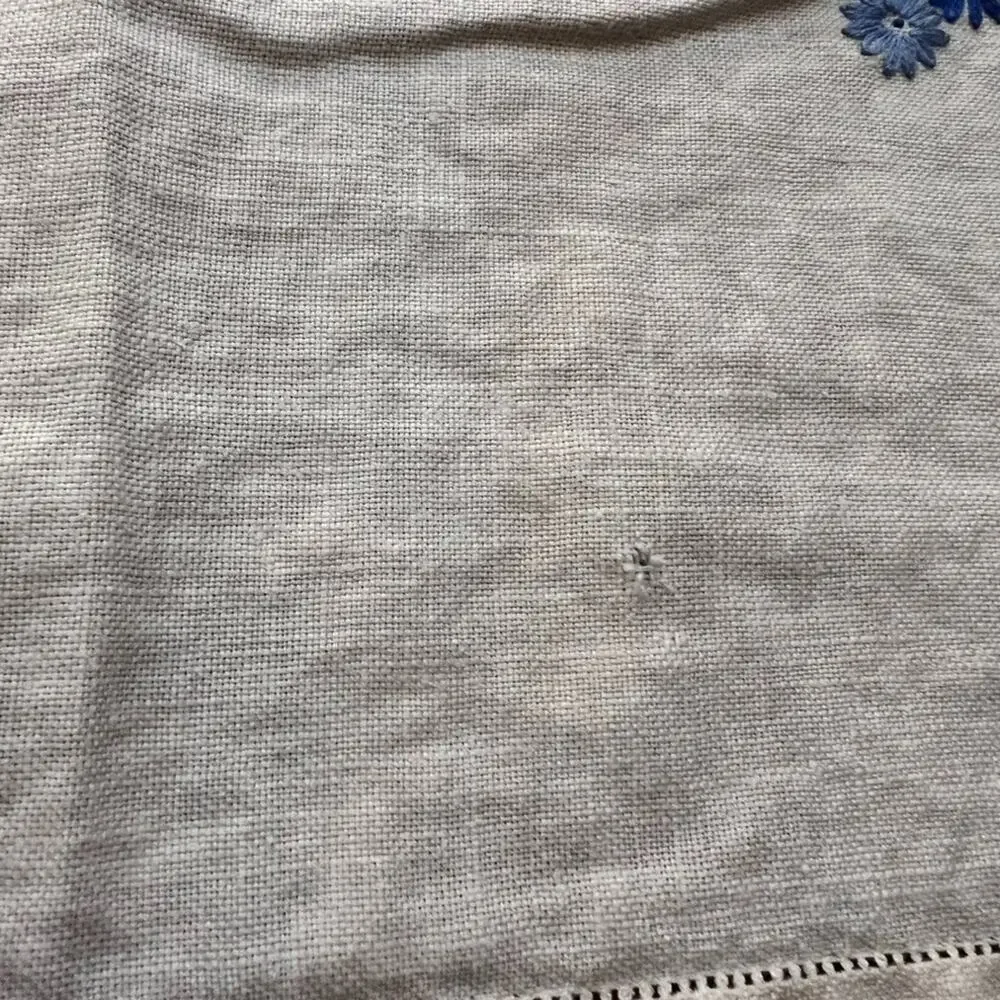 Antique Linen Tablecloth Blue & White Florals Hand Embroidered 64.5 x 47